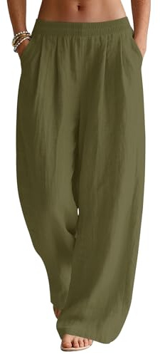 LOMON Palazzo Pants for Women Casual Wide Leg Linen Summer Flowy Pants Beach Vacation Clothes Loose Travel Bottoms with Pockets (Army Green, M)