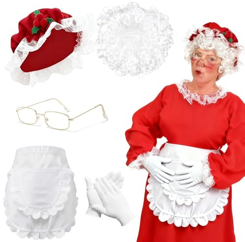 Tobriavor Disfraz Mama Noel Mujer,Gorro Delantal Peluca Papa Noel Navideño Delantal Guantes Gafas Papa Noel Disfraz Navidad