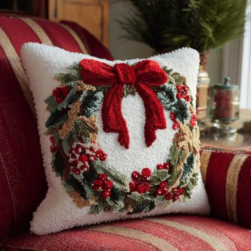 XDEGHUANGSS Christmas Latch Hook Cushion Kit,DIY Holiday Punch Needle Pillow Making Set for Adults and Beginners,Festive Yarn Craft Kit for Xmas Home Decor (43x43cm)-6