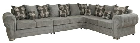 Corner Sofa | 7 Seater Sectional Couch | Grey Chenille Scatter Back Settee | Chesterfield Style Verona Sofa | Large L-Shaped Living Room Lounge Furniture