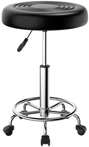 Soontrans Sgabello a rotelle regolabile in altezza, con ruote, imbottitura in ecopelle, altezza seduta 40-60 cm, sgabello da ufficio, girevole a 360°, sgabello da lavoro, comodo e leggero, nero