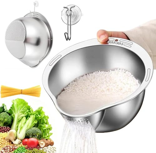 Duscdesp Ristvättskål med sil kök, kökssil rostfritt stål 304, hållbar risssil, pastasil i livsmedelskvalitet, liten sil för Quinoa, frukt, grönsaker och baljfrukter