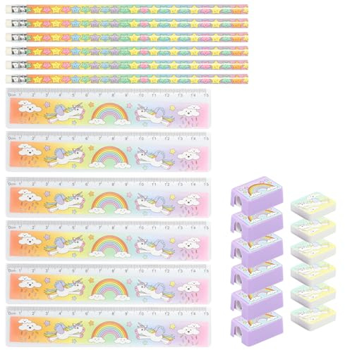 com-four® set da scrittura per bambini da 24 pezzi unicorno - materiale scolastico con matita, righello, temperino e gomma per 6 bambini - bomboniere cancelleria (24 pezzi - Unicorno)