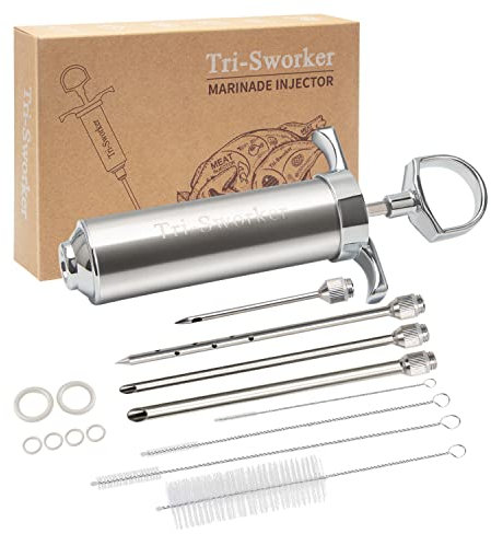 Tri-Sworker Kit d'injecteur de viande pour fumoir avec 4 aiguilles de seringue à saveur de marinade, idéal pour injecter de la sauce dans la dinde, la viande, la poitrine ; 56,7 g, y compris papier et