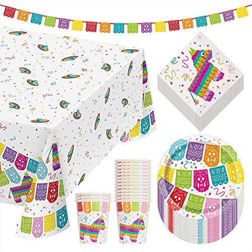 Fiesta Party Piñata Paper Dessert Plates, Napkins, Cups, Table Cover, and Banner Set (Serves 16)