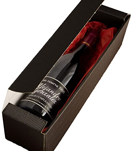 Botella de vino con etiqueta 'Gran reserva' personalizada, en caja de cartón