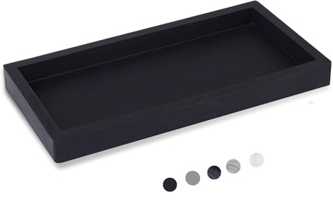 Small Silicone Bathroom Vanity Tray Rectangle Soap and Sponge Holder Kitchen Sink Organizer for Scrubber, Lotion Bottles, Perfume, Jewelry, Candle, Key Trinket Ring, Black