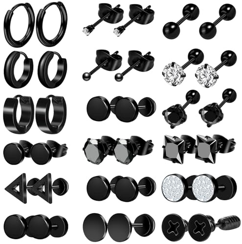 ONESING 18 Pairs Men's Black Earrings - Stainless Steel Hoop & Stud Set