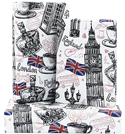 Big Ben London Papier cadeau pour anniversaire ou fête nationale, 4 feuilles pliées à plat 50 x 70 cm par feuille