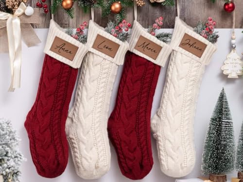 Generisch Personalisierte Weihnachtsstrümpfe mit Namen Nikolausstrumpf Nikolausstiefel mit Leder Namensschild für Kinder (48 cm, Rot, 1)