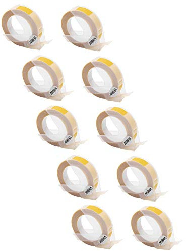 vhbw 10x 3D Prägeband-Schriftband-Kassette kompatibel mit Dymo E-303, E-202E, E-505, E-404 Etiketten-Drucker 3m x 9mm Weiß auf Gelb