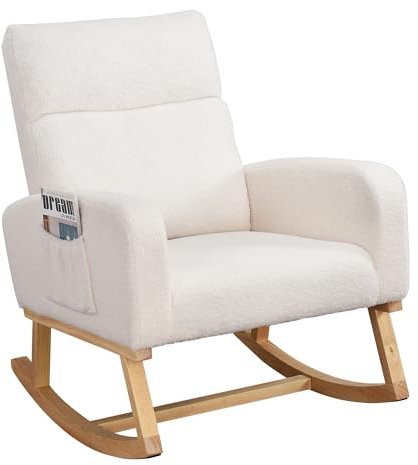 Luminarix Schaukelstuhl Schaukelstuhl Stillsessel Relaxsessel Schaukelsessel Hohe Rückenlehne Teddy-Samt-Schaukelstuhl mit 2 Seitentasche,rutschfestes Pad Belastbarkeit bis 110 kg 87 x 69 x 79 cm Weiß