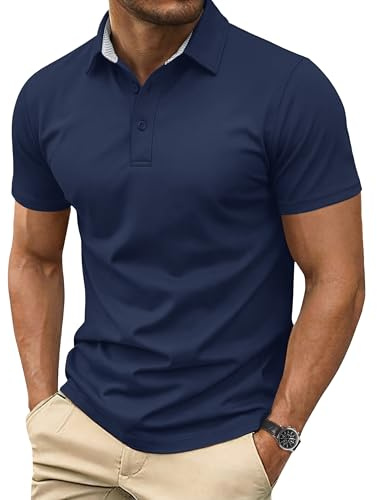 Cotrasen Men's Polo Shirts Short Sleeve Cotton Pique 3 Buttons Classic Fit Casual Golf T-Shirt Breathable Moisture Wicking Performance Lightweight Shirts Navy XL