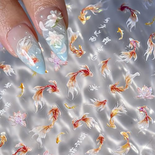 JMEOWIO 3D Embossed Koi Fish Nail Art Stickers Decals Self-Adhesive 5D Nail Supplies Nail Art Design Decoration Accessories 1 Sheets