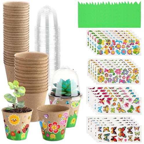 Generisch Lot de 30 pots de fleurs à peindre pour enfants, avec embouts de serre, kit de bricolage de jardin fait à la main avec 20 feuilles d'autocollants pour projets de plantes et décoration de la