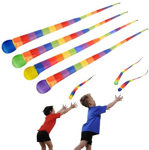 Clvsyh Balles à Queue Arc-en-Ciel, 4 Pièces Balles à Queue pour Enfants, Balle Douce à Queue Arc-en-Ciel, Ball Comète à Queue, Ball à Attraper l'arc-en-Ciel pour L'ExtéRieur Et L'IntéRieur
