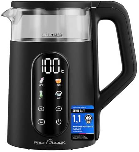 ProfiCook® PC WK 1 328 G vattenkokare med temperaturinställning 40–100 °C, 1,7 liter snabbstartsfunktion 2 200 W, värmeisolerad glashållare, varmhållningsfunktion, enhandsmanövrering, BPA-fri, PC WK