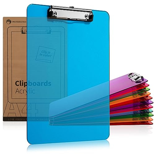 Plastic Clipboards with Low Profile Clip Set of 6-12.5 x 9 Inch Multi Color Plastic Clipboards Bulk - Clear Clip Boards Bulk Classroom - Holds 100 Sheets, Acrylic Clipboard Clear (12 Pack)