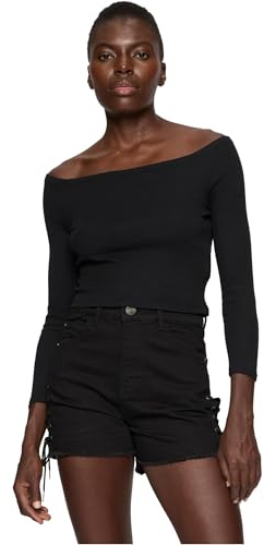 Urban Classics Manga Larga Acanalada con Hombros Descubiertos para Mujer Camiseta, Negro, XXL
