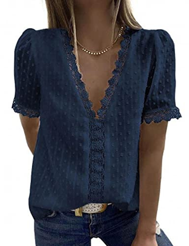 Bipily Blusa Magliette Donna Camicia a Manica Corta Sbuffo Eleganti Scollo a V Pizzo Bluse T Shirt Tops(Blu Navy,XXL)