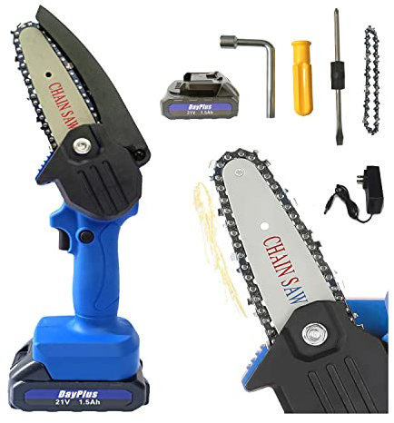Motosierras Bateria Mini Motosierra Bateria 21V 4 pulgadas con 1.5Ah Batería, Cargador, Splash Baffle, Cerradura de Seguridad, Motosierra Mano Bateria, Mini Sierra para Corte de Madera, Poda de Ramas