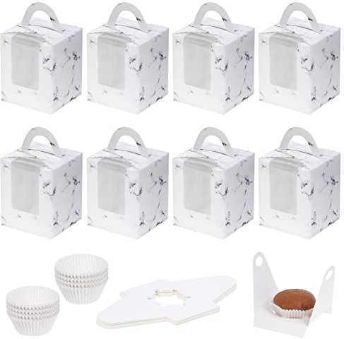 Coolty 50pcs Cajas para Tartas Con 1 Agujero y 100 Moldes para Magdalenas - Embalaje para Panadería, Pastelería, Galletas, Cupcakes, Postres (Mármol Blanco)