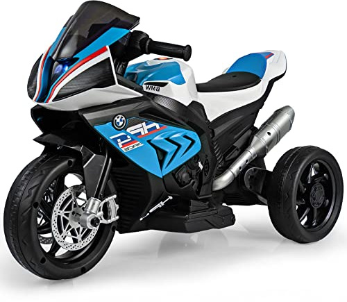 DREAMADE Moto Électrique pour Enfants avec Pédale, à Pousser, Siège Confortable, Port USB/AUX, 3 Roues, Vitesse 3 KM/H, Charge Max 30 KG, pour 3-8 Ans (Bleu)