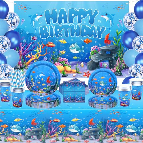 146 Pack Under the Sea Party Supplies Ocean Sea Party Tableware Set - Plates, Cups, Napkins, Tablecloth, Backdrop, Balloons for Underwater World Summer Beach Birthday Party Decorations Serves 20