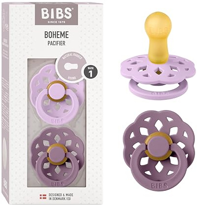 BIBS Boheme Soother 2-Pack. BPA Free Dummy Pacifier, Round Nipple. Natural Rubber Latex, Made in Denmark, Size 1 (0-6 Months), Violet Sky/Mauve