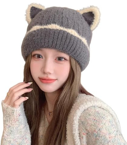 MEGAHERZ Damen Mütze Katzenohren Mütze Katze Bommelmütze Wintermütze mit Katzenohren Strickmütze Warm Elastisches Beanie (Grau)