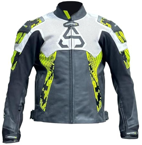 ASPIDEX Giacca da moto da uomo in pelle da corsa, protettiva, da motociclista, da turismo (IT, Testo, XL, Regular, Regular, Giallo fluo)