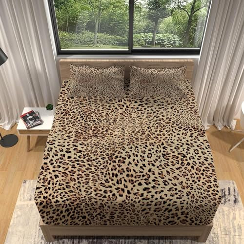 3D Leopardenmuster Spannbettlaken 70x140cm, Brauner Leopardenmuster Weiches Mikrofaser Bettlaken für Kinder, Bettlaken Spannbetttuch 70x140 bis 30 cm Matratzenhöhe mit 2 kissenbezüge a3326