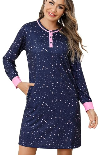 Jahetuul Camicia da Notte a Maniche Lunghe con Tasche e Bottoni | Vestaglia Aperta Davanti con Motivo a Stella - Abito da Notte Donna in Cotone Leggero e Confortevole