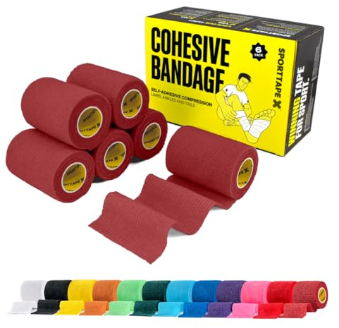 SPORTTAPE 6 Rolls Self-Adhesive Cohesive Bandage, 7.5cm x 4.5m, Maroon | Compression & Vet Wrap for Dogs, Horses, Sports Stretch Tape for Football, Ankles, Joints, Fingers, Wrists & Sock Tape