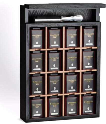Dammann Frères | Coffret Bois Petite Boutique Thé Noir et Vert Assortis | Tableau Cadeau 16 Goûts en Feuille | Mini Canettes Métal de Thés en Vrac