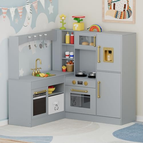 MAMIZO Corner Play Kitchen for Kids, Kids Large Wooden Pretend Playset