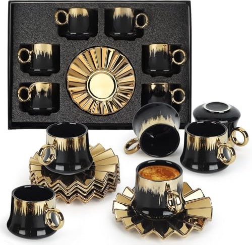 Loxiia 6-Piece Turkish Coffee Cup Set with Saucers - 3 Oz Vintage Porcelain Gold-Plated Espresso Cup, Dishwasher Safe Tea Cups for Women, Elegant Gift Ready Packaging (Luxury Home &Cafe Use) (Black)