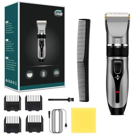 Snapbuy Elektrischer Haarschneider für Männer: Wiederaufladbar, 4 Aufsätze, Barttrimmer & selbstschärfende Titan-Klinge(Silber)