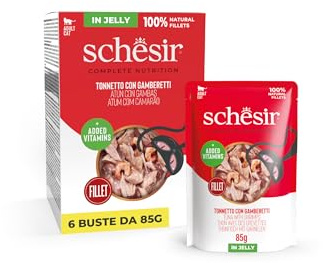Schesir, Thon avec crevettes en gelée, Nourriture Humide complète pour Chats, en Sachet, avec des vitamines supplémentaires, 100% Naturel, 6 x 85 g
