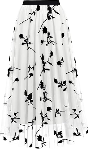 comefohome Skirts for Women UK Elasticated Waist Midi Length Pleated Tulle Skirt A Line Floral Long Summer Skirts