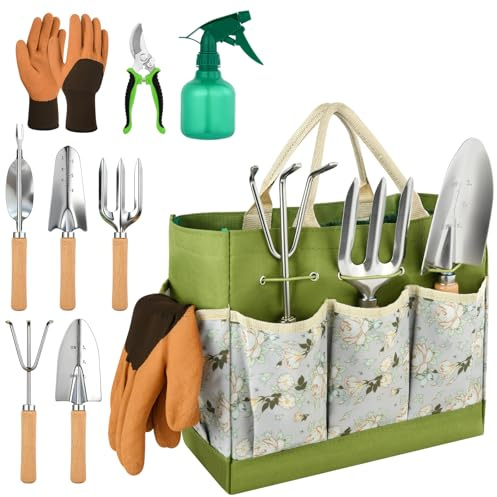 Adiwo Juego de Herramientas para Jardín, Kit Jardineria Regalos para Mujeres y Hombres, Acero Inoxidable de Uso Pesado,con Tijeras de Podar y Bolsa de Almacenamiento