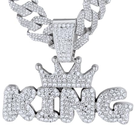 Halukakah Diamond Necklace for Men - Platinum Plated - Lab Diamonds Prong Set - Crown King 3D Bubble Letter Pendant with 15mm Diamond Cuban Link Chain 20 - Present for Husband, Son, Boyfriend