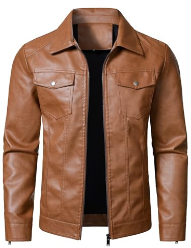 HOOD CREW Chaqueta de cuero para hombre, chaquetas de motociclista, casual, ligera, de piel sintética, ropa de abrigo, Marrón claro, Large