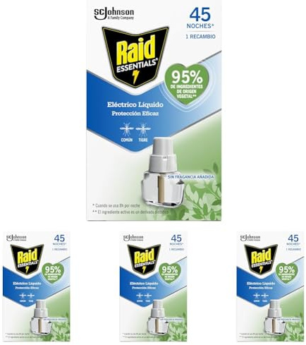 Raid Essentials Recambio Eléctrico 45 noches - Cargador para aparato enchufe antimosquitos comunes y tigre, sin olor (Paquete de 4)