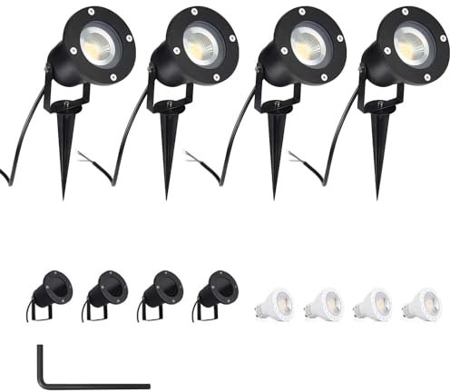 4er 5W LED GU10 Gartensrtahler Strahler mit Erdspieß AC85-265V mit 40CM Stromkabel Wasserdicht Lampe Außen Natürliches Weiß 4000K Rund für Wegbeleuchtung für Garten Terrasse, inkl. LED Glühbirne