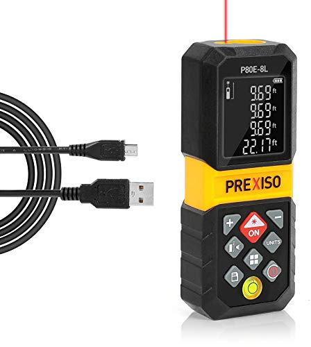 PREXISO Laser Measure, 265Ft Rechargeable Laser Distance Meter with Multi-Measurement Units M/in/Ft, Backlit LCD 4 Line Display, and Pythagorean, Distance, Area, Volume Modes