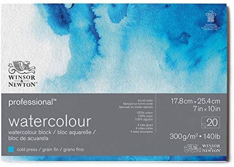 Winsor & Newton 6664001 Professional Aquarellpapier im Block - 20 Blatt 17,8 x 25,4cm, 300g/m², Feinkorn, helles natürliches weißes Papier in archivierbarer Qualität, gilbbeständig