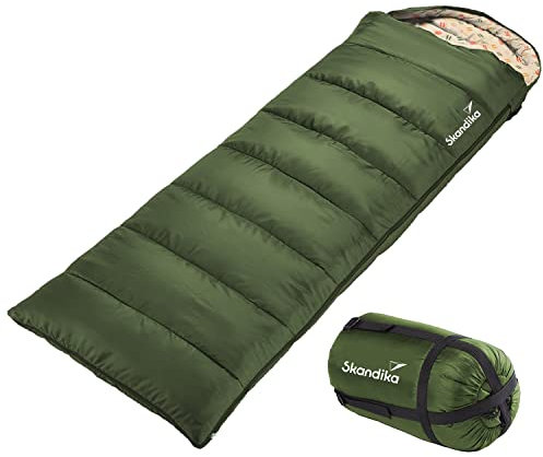 Skandika Schlafsack Iceland | Deckenschlafsack mit Polycotton Innenfutter für Erwachsene, koppelbar, 3 Jahreszeiten, bis 5° C, 220x80 cm, Kompressionstasche | Winter Outdoor Camping Wandern (dkl grün)