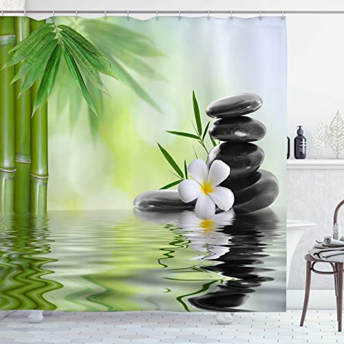 OCEUMACO 3D Zen Duschvorhang 240x200 Shower Curtains Textil Antischimmel Wasserdicht Orchidee Bambus Motiv Duschvorhänge Badewanne Extra Breit Waschbar Stoff Vorhang mit Ringen - Grün 1
