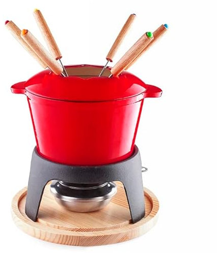 Suinga Set Fondue de Hierro Fundido Esmaltado, Soporte de Hierro con base de Madera, Apta para Inducción, 6 tenedores, Rojo